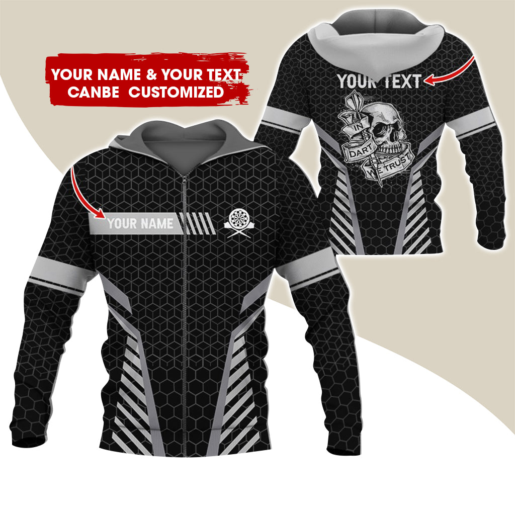 Customized Name & Text Skull Darts Premium Zip Hoodie, Custom Honeycomb Pattern Darts Zip Hoodie For Men & Women - Gift For Darts Lovers, Darts Players