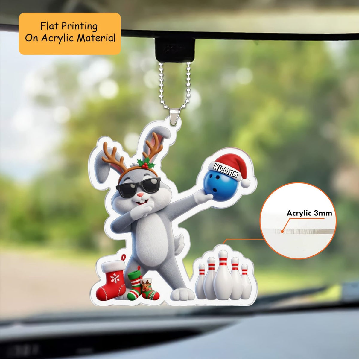 Personalized Bowling Christmas Ornament, Rabbit Bowling, Custom Ornament Christmas Gift, Keychain Bowling, Car Ornament Bowling