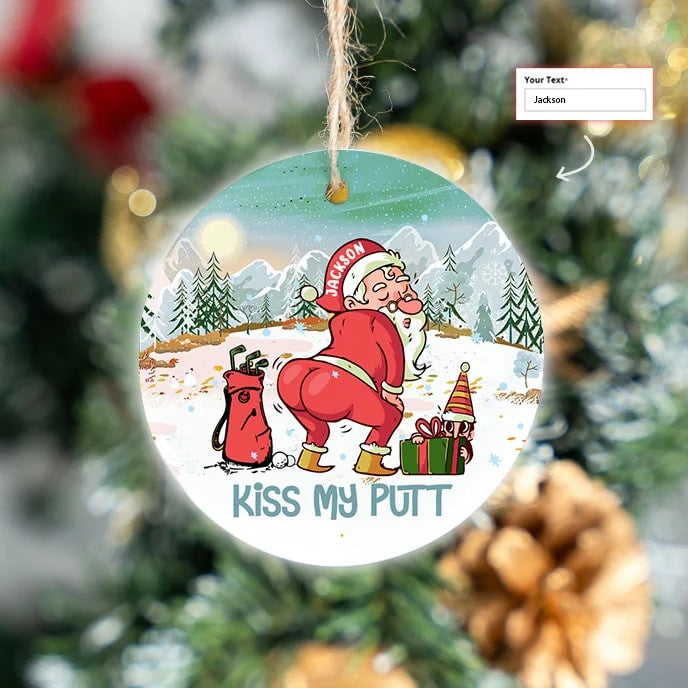 Custom Name Santa Claus Plays Golf Circle Ceramic Ornament, Christmas Golf Ceramic Ornament - Best Gift For Golf Lovers, Christmas