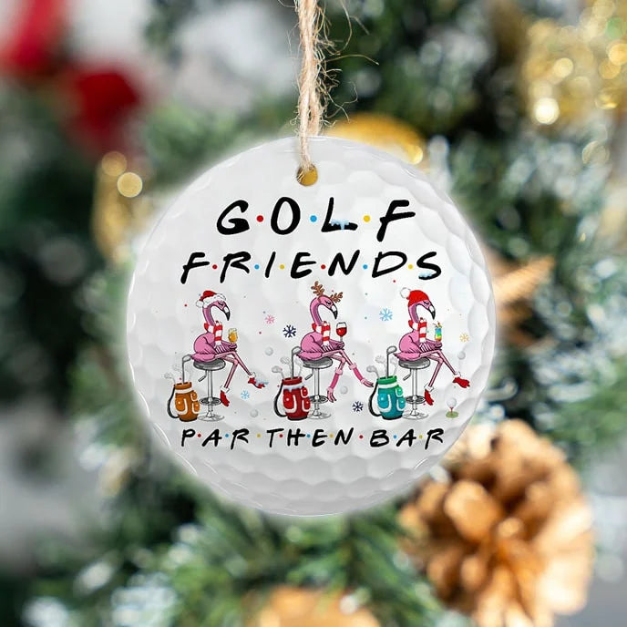 Flamingo Golf Friends Stick Man Circle Ceramic Ornament, Par Then Bar Golf Bag Stick Ornament - Best Gift For Golf Lovers, Christmas