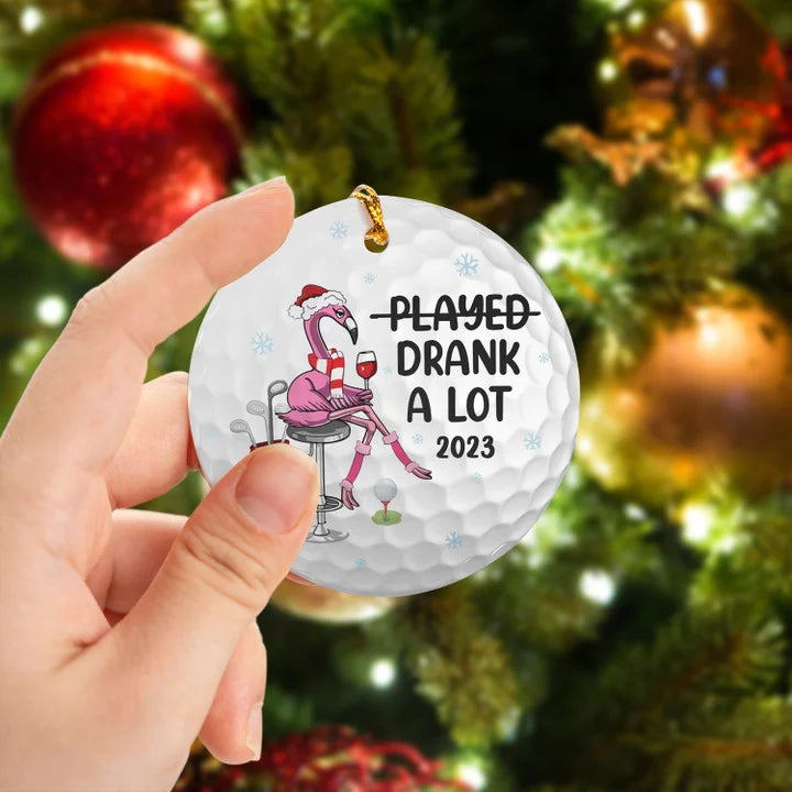 Flamingo Drank A Lot Wine 2023 Circle Ceramic Ornament, Christmas Golf Ceramic Ornament - Best Gift For Golf Lovers, Christmas