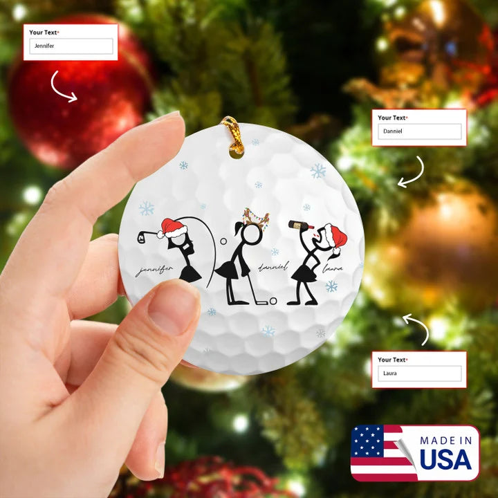 Customized Name Wine Women Stick Man Circle Ceramic Ornament, Women Player Golf Stick Ornament - Best Gift For Christmas, Decor Home