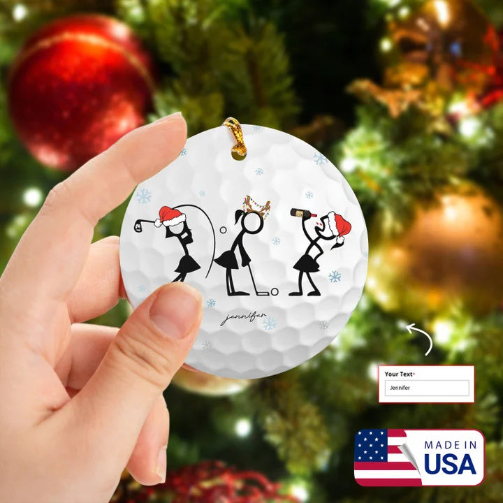 Custom 1 Name Wine Women Stick Man Circle Ceramic Ornament, Women Player Golf Stick Ornament - Best Gift For Christmas, Decor Home