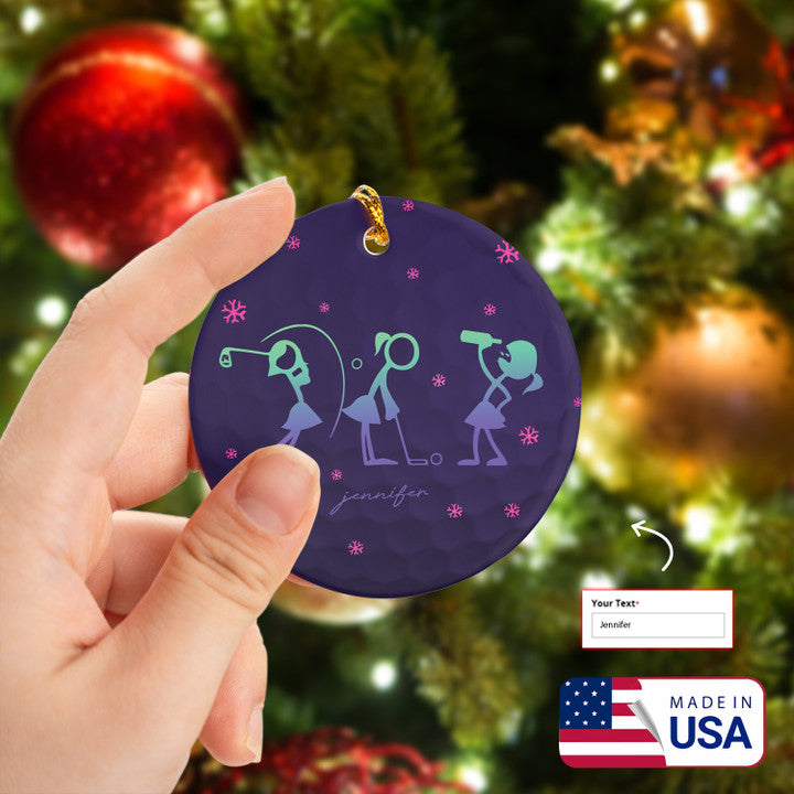 Custom Name Gradient Wine Women Stick Man Golf Ceramic Ornament - Best Gift For Golf Lovers, New Year, Christmas