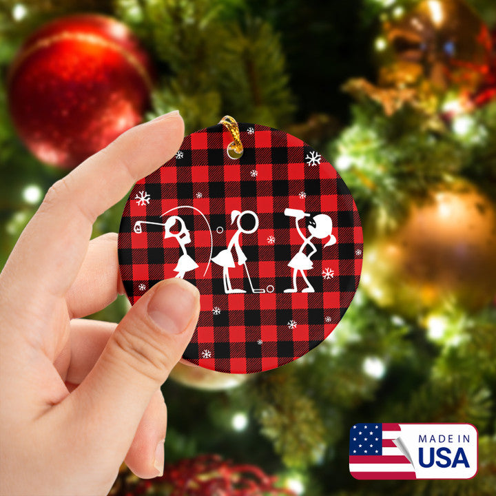 Wine Women Stick Man Red Caro Pattern Golf Ceramic Ornament - Best Gift For Golf Lovers, New Year, Christmas