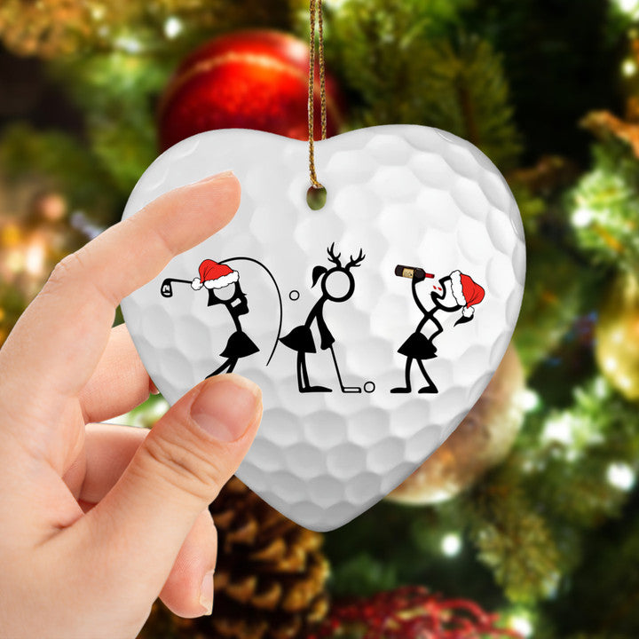 Wine Women Stick Man Golf Heart Ceramic Ornament - Best Gift For Golf Lovers, New Year, Christmas