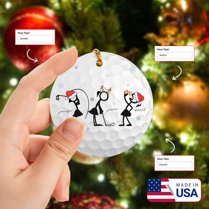 Custom Name Beer Santa Hat Women Stick Man Circle Ceramic Ornament, Women Plays Golf Stick Ornament - Best Gift For Christmas, New Year