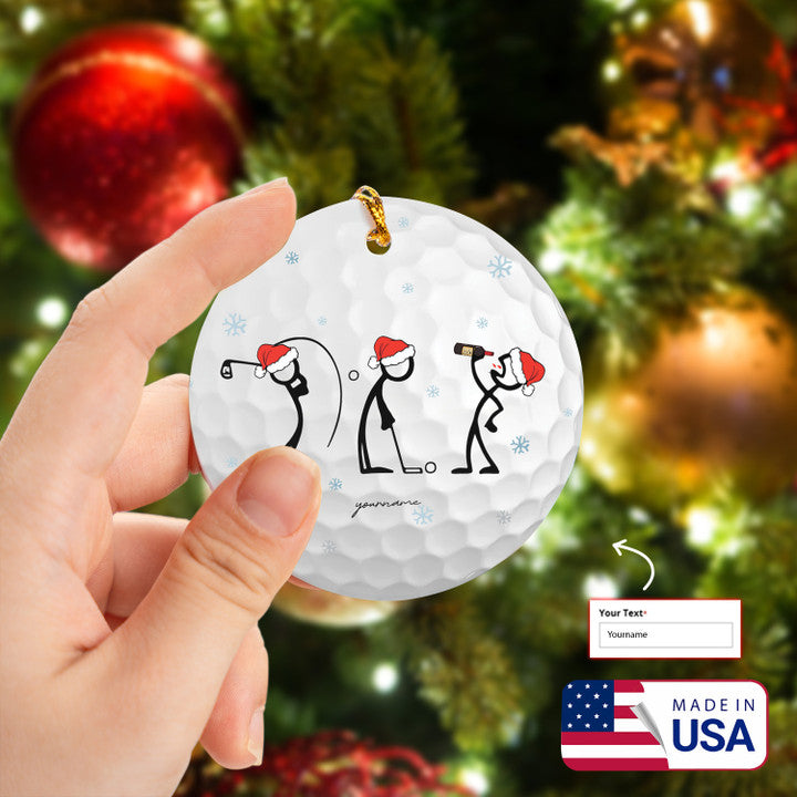 Customized 1 Name Santa Hat Men Wine Stick Man Circle Ceramic Ornament, Men Plays Golf Stick Ornament - Best Gift For Golf Lovers, Christmas