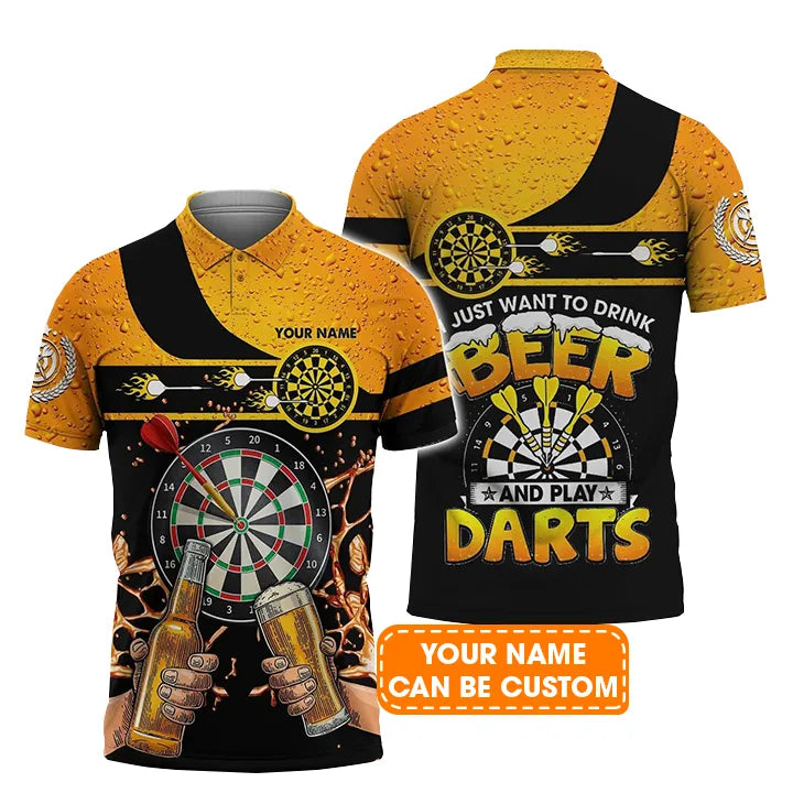 Personalised Darts Polo Shirts, Just Want To Drink Beer And Play Darts Custom Name Men Polo Shirts - Perfect Gift For Men, Darts Player, Dart Lovers