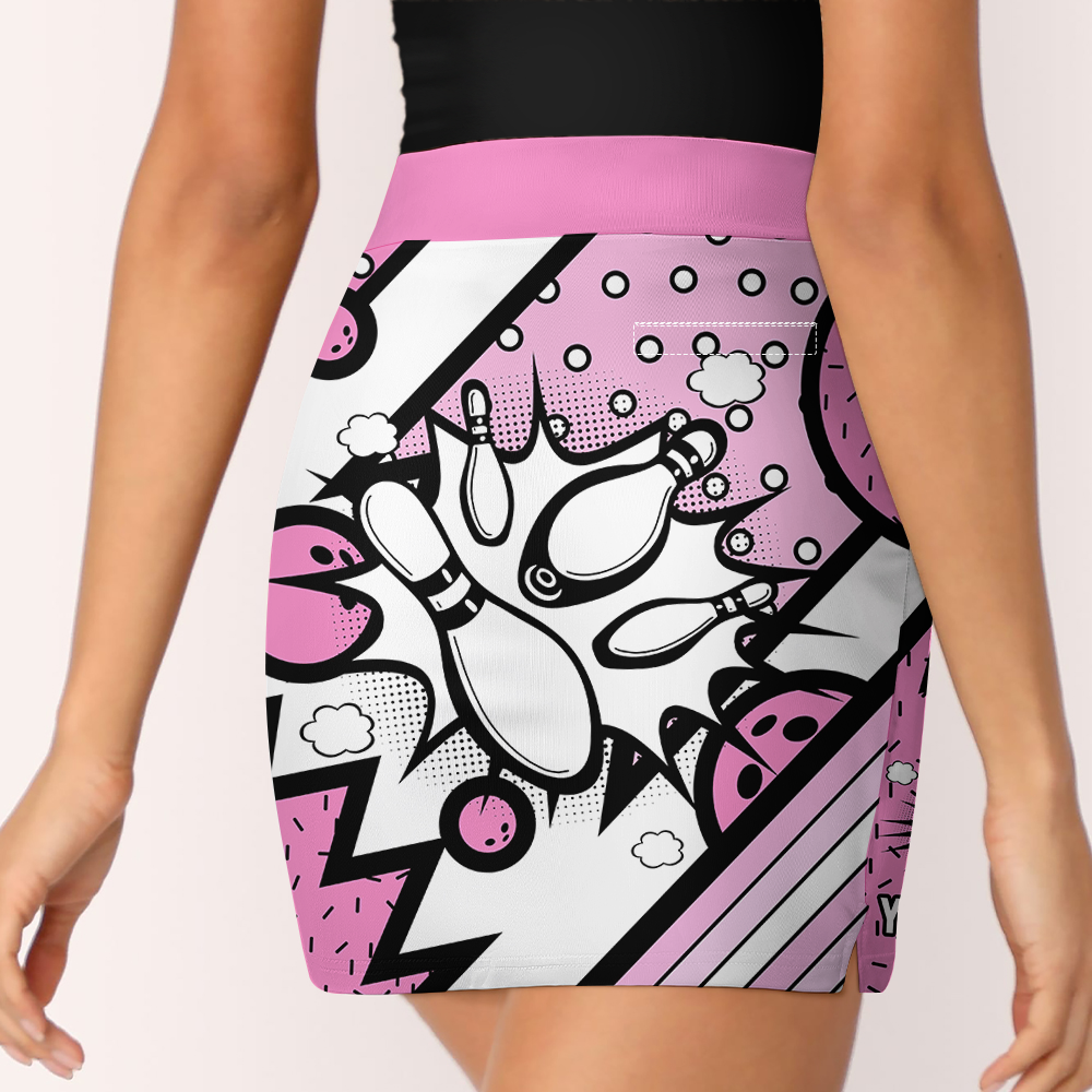 Customized Bowling Trouser Skirts With Shorts Underneath, Bowling Pink Ribbon Comic Style Skorts With Pockets