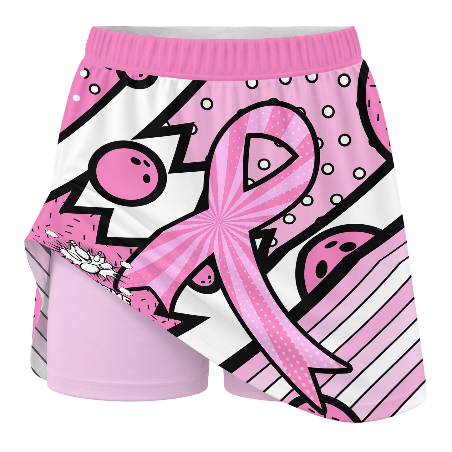 Customized Bowling Trouser Skirts With Shorts Underneath, Bowling Pink Ribbon Comic Style Skorts With Pockets
