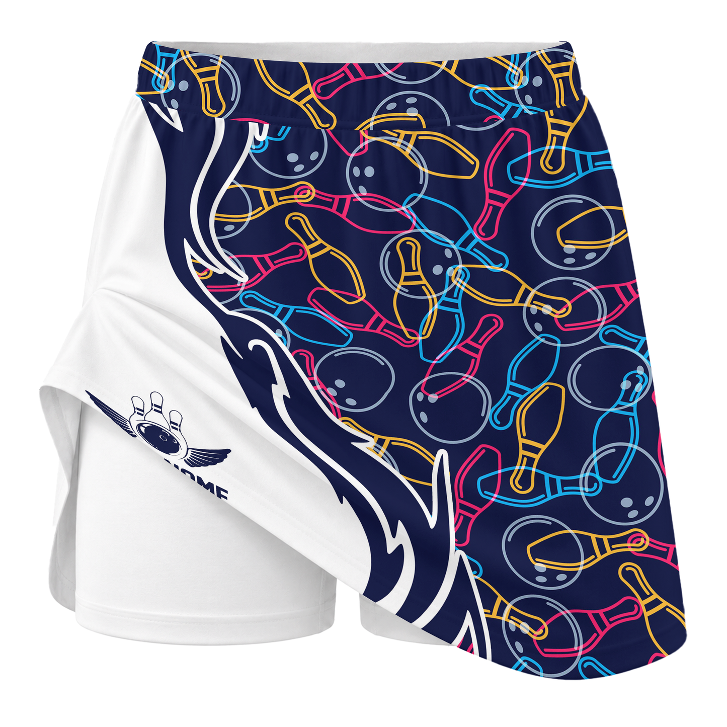 Customized Bowling Trouser Skirts With Shorts Underneath, Skittles And Balls Outline Bowling Pattern Skorts With Pockets