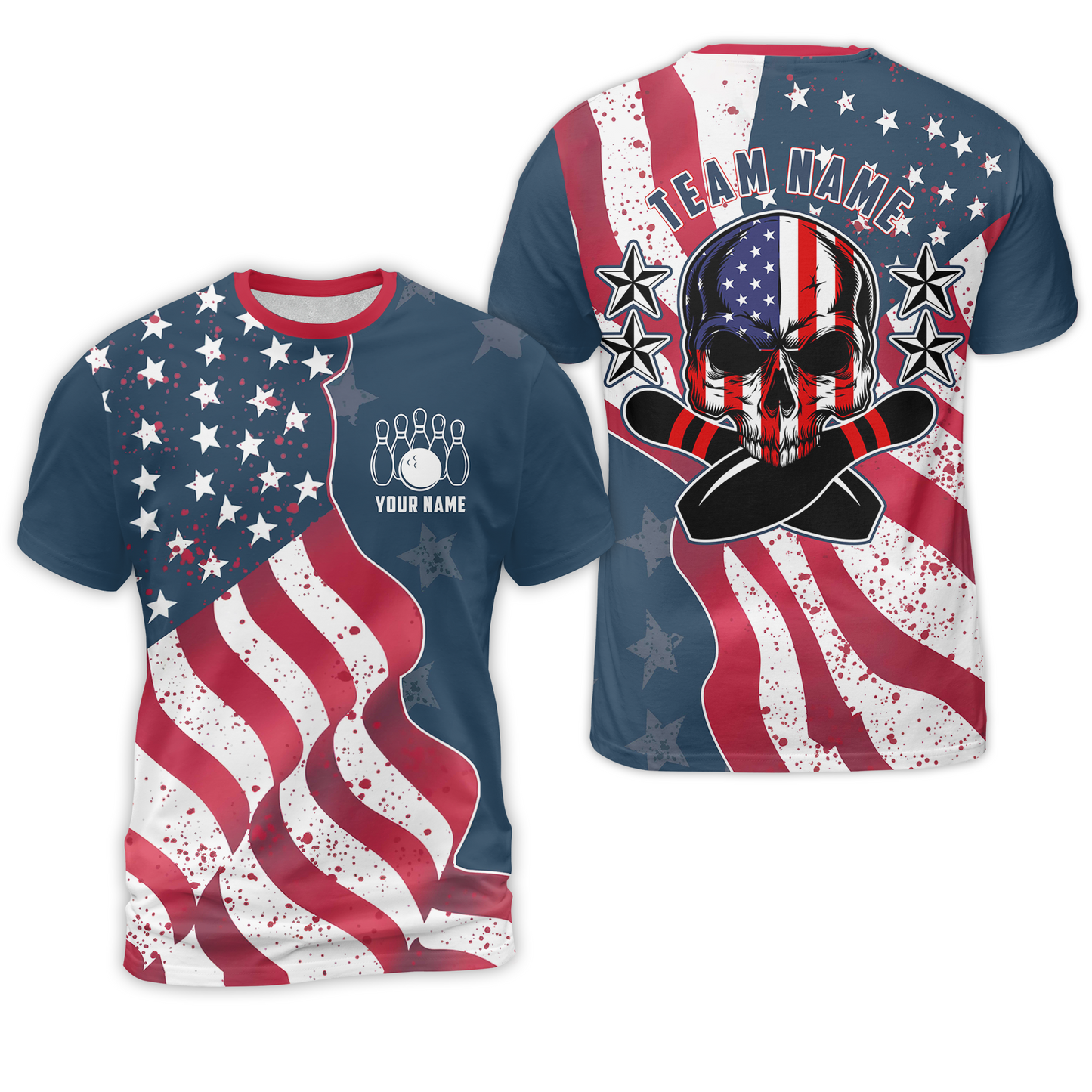 Customized Bowling T-Shirt, Vintage American Flag Patriotic Skull Bowling Uniform With Name
