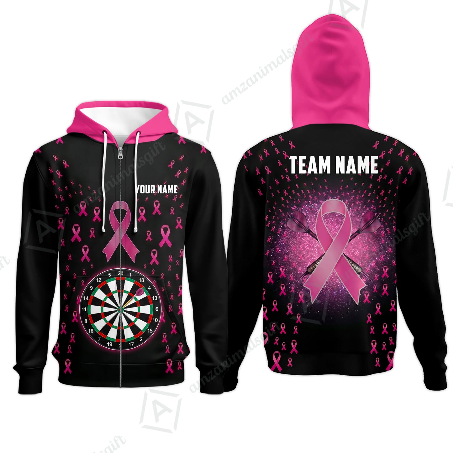 Customized Darts Team Jersey, Personalized Pink Ribbon Darts Polo Shirt For Players With Name & Team Name