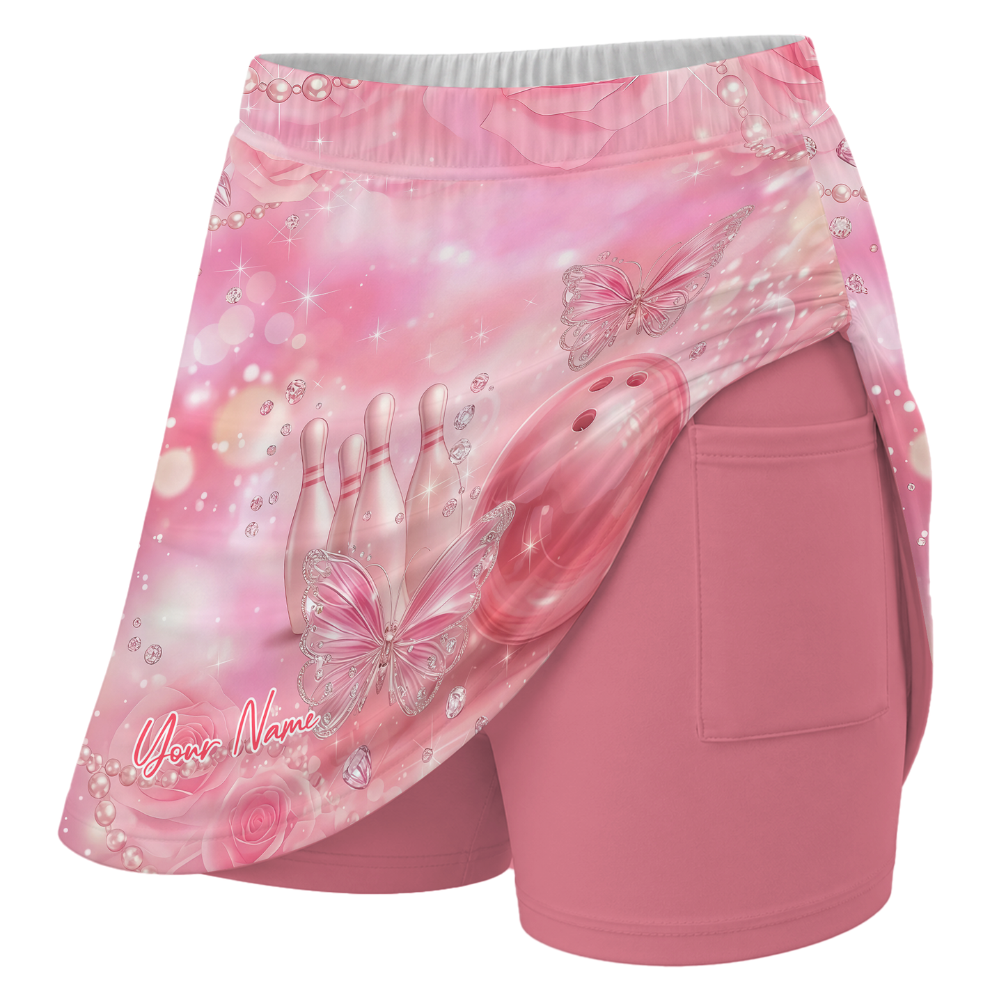 Customized Bowling Trouser Skirts With Shorts Underneath, Bowling Pink Diamond Skorts With Pockets