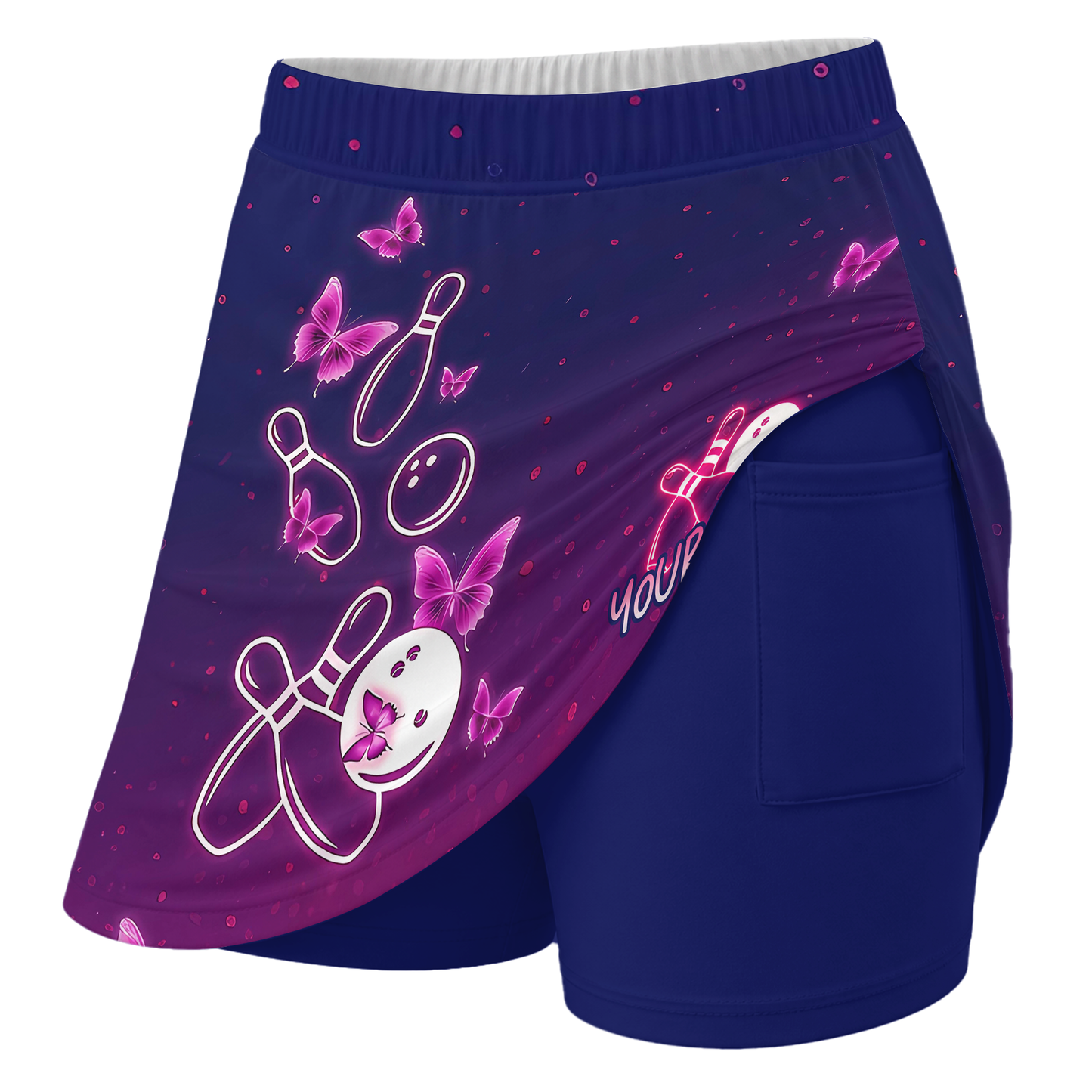 Customized Bowling Trouser Skirts With Shorts Underneath, Bowling Navy Pink Neon Butterfly Skorts With Pockets
