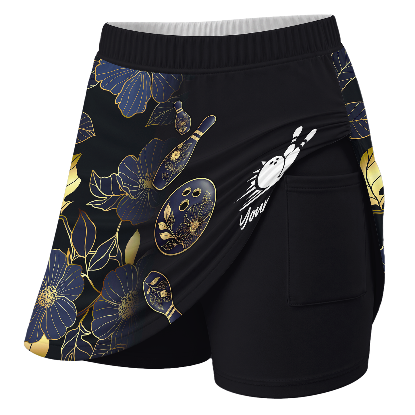 Customized Bowling Trouser Skirts With Shorts Underneath, Bowling Flower Pattern Gradient Gold With Pockets