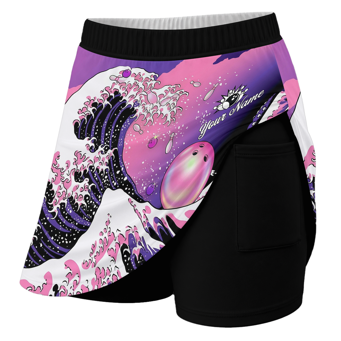 Customized Bowling Trouser Skirts With Shorts Underneath, Bowling Purple Pink Ocean Wave With Pockets