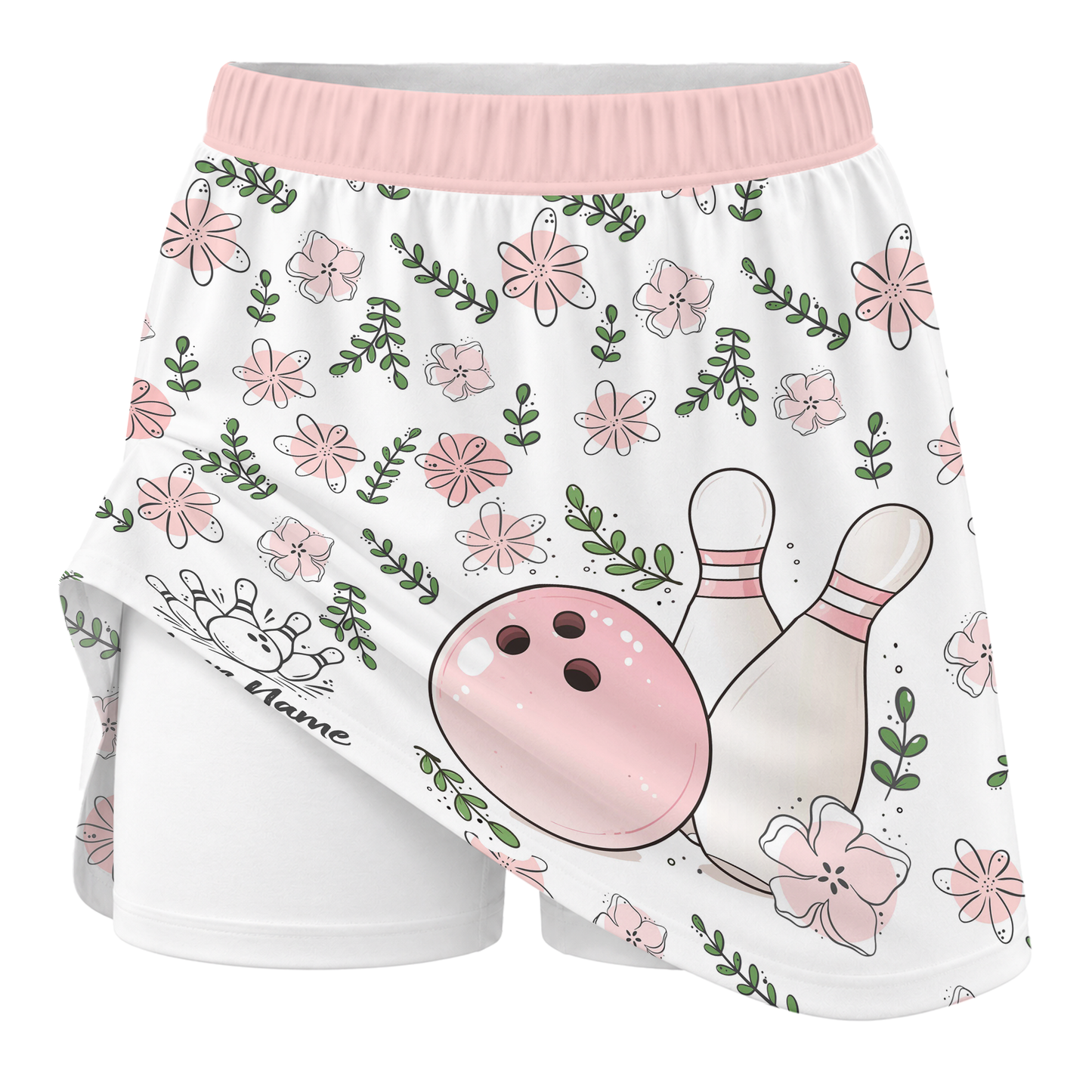 Customized Bowling Trouser Skirts With Shorts Underneath, Bowling Pink Floral White Pastel With Pockets