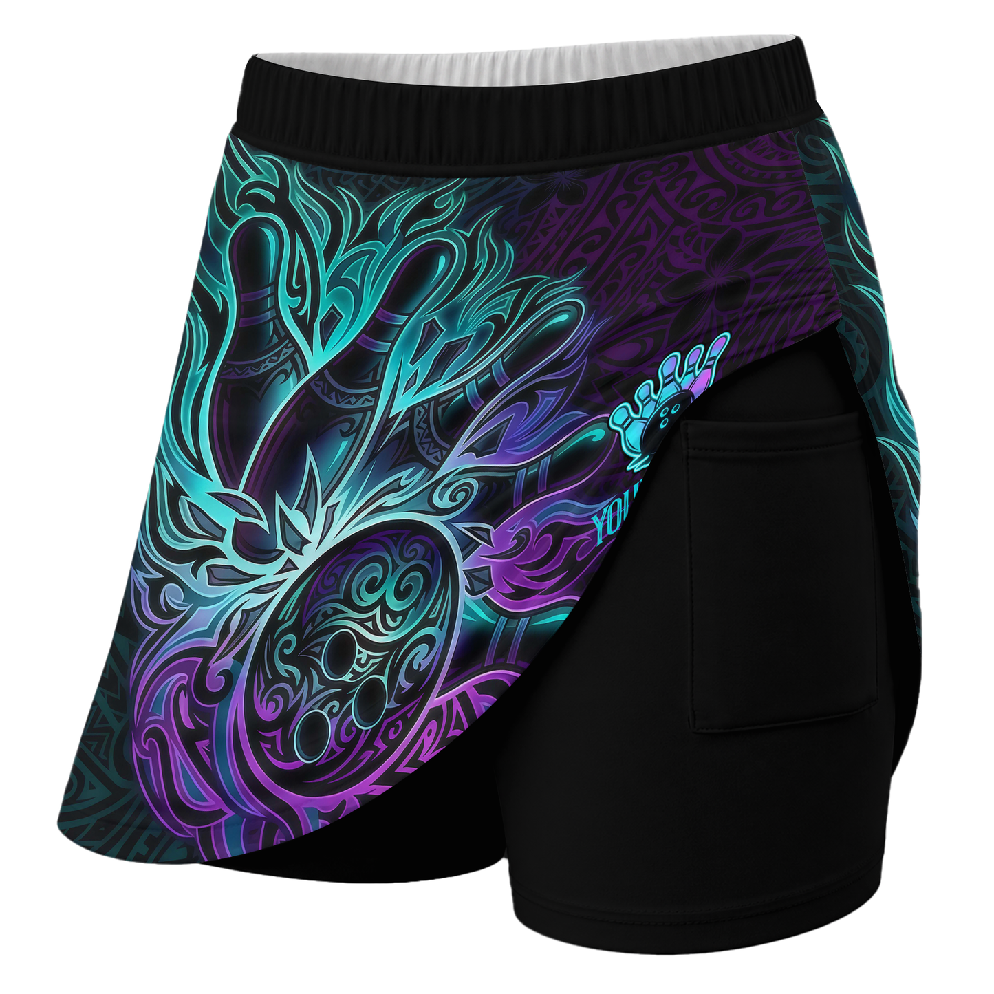 Customized Bowling Trouser Skirts With Shorts Underneath, Bowling Maori Tattoo Neon Teal Purple With Pockets