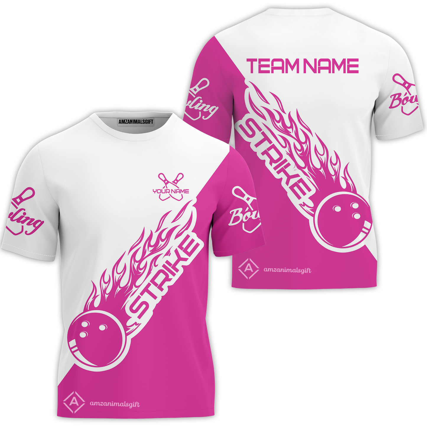 Customized Bowling Team Shirt, Bowling Strike White And Pink Uniform Shirt, Perfect Outfit For Bowlers, Bowling Team