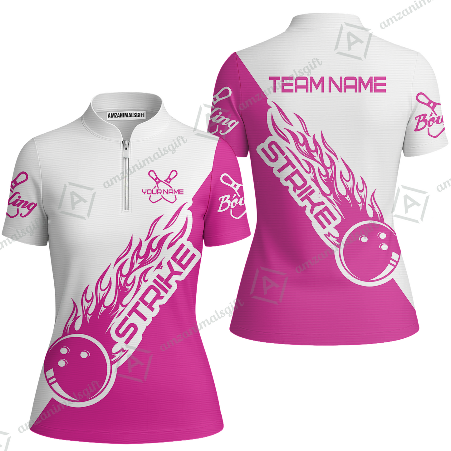 Customized Bowling Team Shirt, Bowling Strike White And Pink Uniform Shirt, Perfect Outfit For Bowlers, Bowling Team