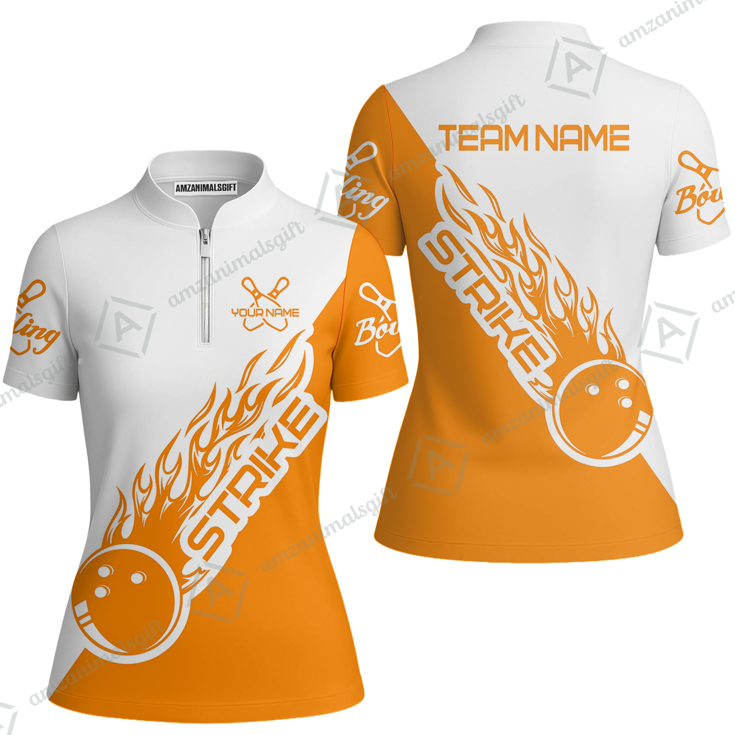 Customized Bowling Team Shirt, Bowling Strike White And Orange Uniform Shirt, Perfect Outfit For Bowlers, Bowling Team