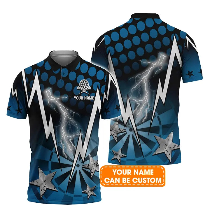 Darts Custom Name Men Polo Shirt, Thunder And Lightning Blue Dartboard Personalized Men Polo Shirt Gift For Darts Lovers, Friend, Team