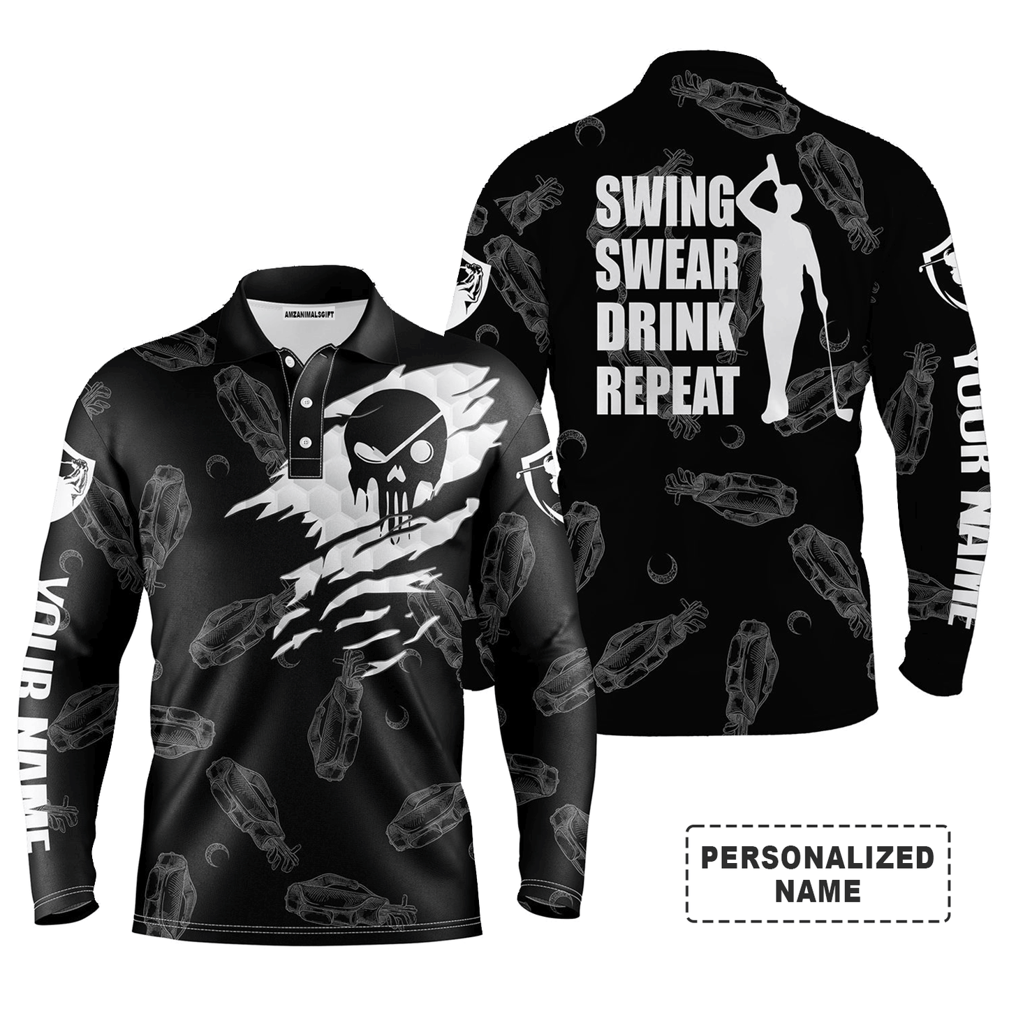 Custom Golf Long Sleeve Men Polo Shirt - Custom Name Multicolor Golf Clubs Pattern - Swing Swear Drink Repeat Men Polo Shirt For Golf Lover