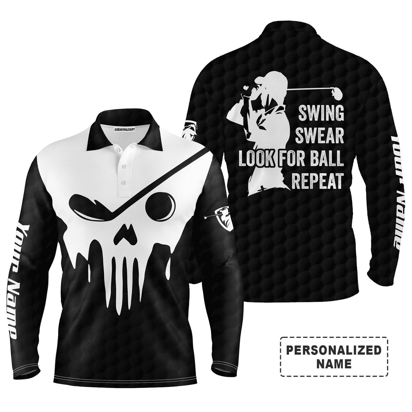 Custom Golf Long Sleeve Men Polo Shirt- Custom Name Multicolor Golf Skull - Swing Swear Look For Ball Repeat Men Polo Shirt For Golf Lover