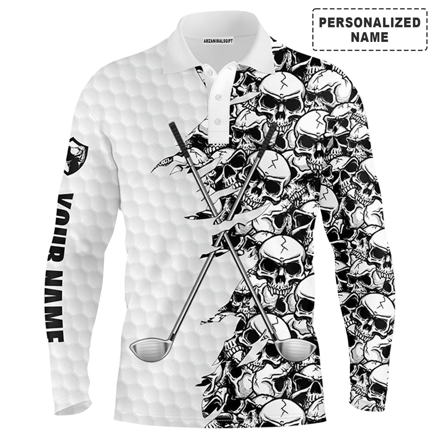 Custom Golf Long Sleeve Men Polo Shirt, Pattern Skull Golf Clubs Performance Custom Name Apparel - Perfect Gift For Men, Golf Lovers