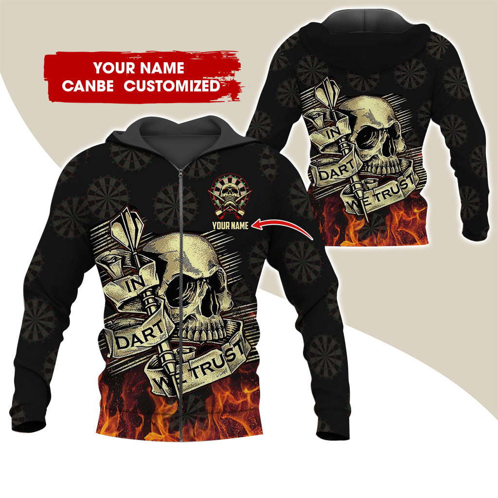 Customized Name Skull Darts Premium Zip Hoodie, Personalized Dartboard In Flame Zip Hoodie For Men & Women - Gift For Darts Lovers, Darts Players