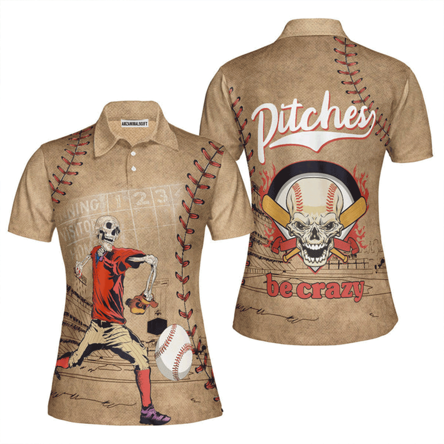 Baseball Women Polo Shirt, Baseball Skull Pitches Be Crazy Polo Shirt For Women, Perfect Polo Shirt For Baseball Lovers