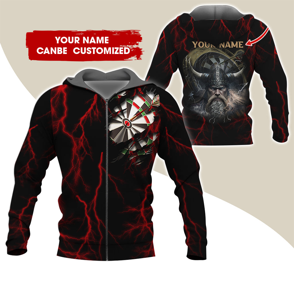 Customized Name Viking Darts Player Premium Zip Hoodie, Custom Thunder Lightning Zip Hoodie For Men & Women - Gift For Darts Lovers, Darts Players