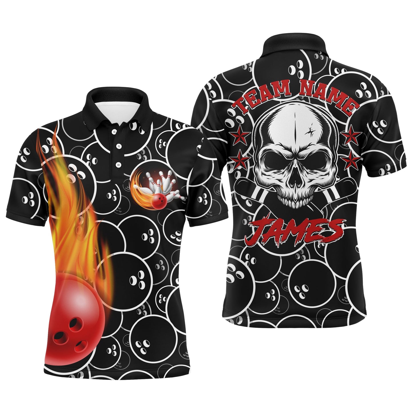 Bowling Custom Men Polo Shirt - Custom Name Flame Bowling Cool Skull Pins Black Personalized Bowling Polo Shirt - Gift For Friend, Family