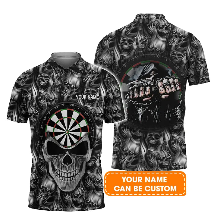 Darts Custom Name Men Polo Shirt, Skull Dartboard Personalized Men Polo Shirt Gift For Darts Lovers, Friend, Darts Team Player