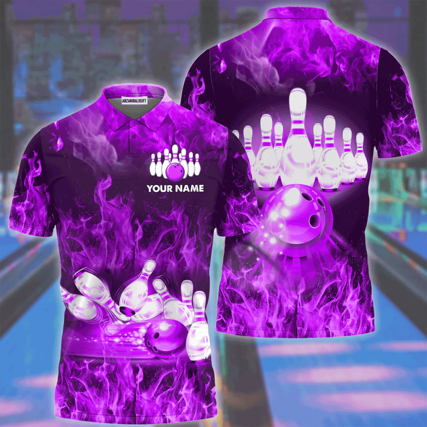 Customized Bowling Men Polo Shirt, Personalized Men Bowling Pink Fire Polo Shirt For Men, Bowling Lovers