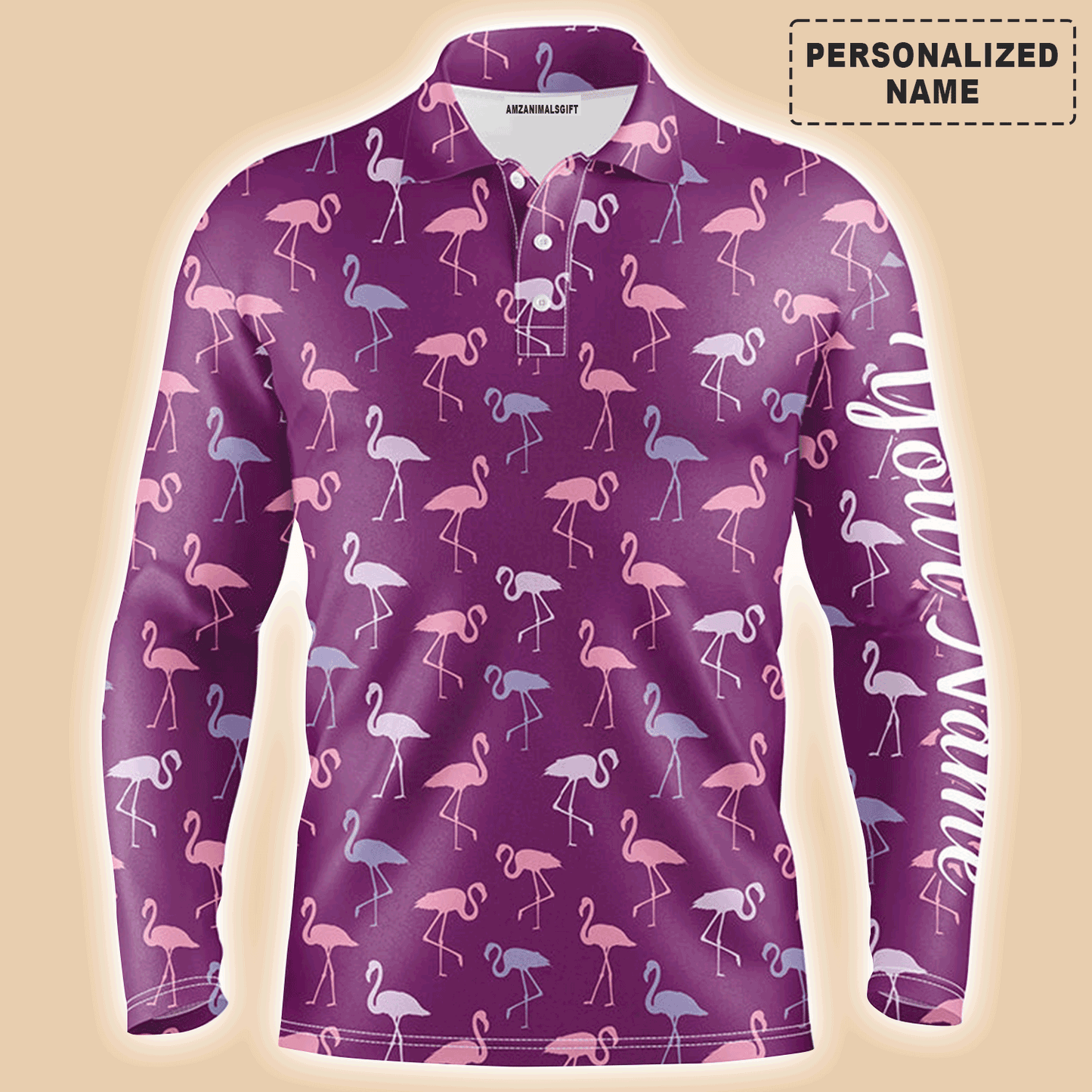 Golf Men Polo Shirt - Custom Name Flamingos Birds Pattern Tropical Purple Apparel - Personalized Gift For Golf Lover, Team, Husband, Boyfriend, Men