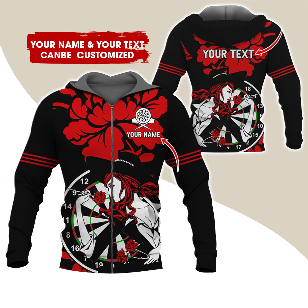 Customized Name Darts Rose Girl Premium Zip Hoodie, Custom Name & Text Dartboard Zip Hoodie For Men & Women - Gift For Darts Lovers, Darts Players