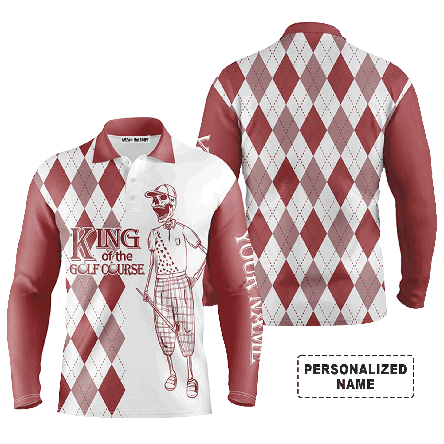 Golf Men Polo Shirt - Red And White Plaid Pattern Skull Custom Name Apparel - King Of The Golf Course - Personalized Gift For Golf Lover, Team