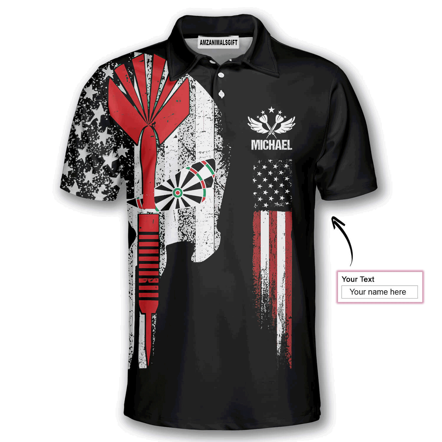 Customized Darts Men Polo Shirt, Personalized Name Skull Darts American Flag Polo Shirt For Men, Darts Lovers