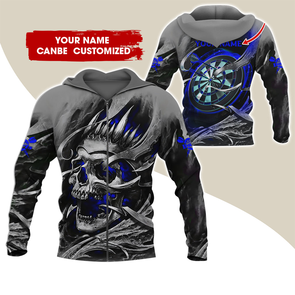Customized Name Skull Darts Premium Zip Hoodie, Personalized Name Dartboard Zip Hoodie For Men & Women - Gift For Darts Lovers, Darts Players