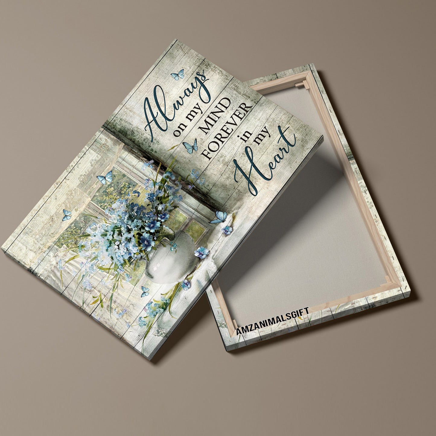 Memorial Premium Wrapped Landscape Canvas - Blue Flower, Blue Butterfly, Window Frame, Always On My Mind - Heaven Gift For Members Family