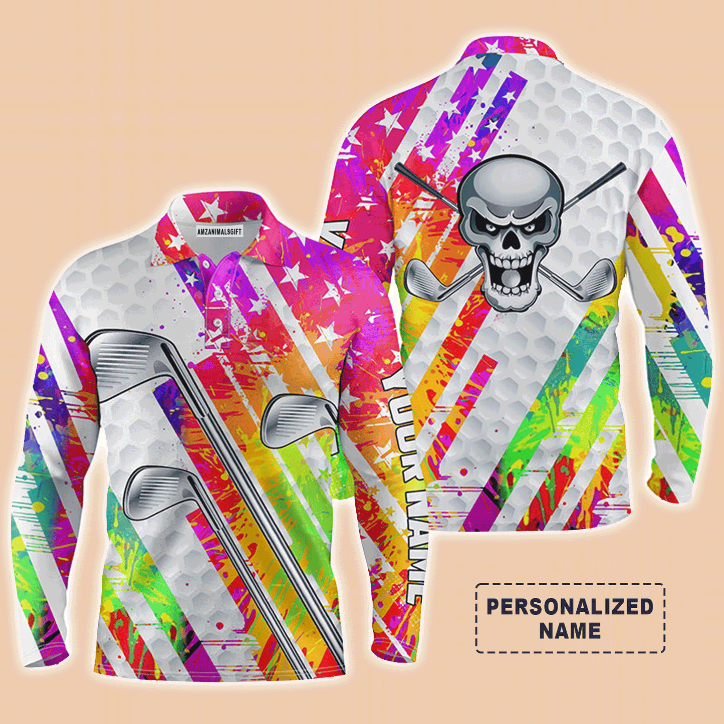 Golf Men Polo Shirt - Custom Name Colorful Watercolor American Flag Skull Apparel Men Polo Shirt- Personalized Gift For Golf Lover, Team, 4th July, Patriotic