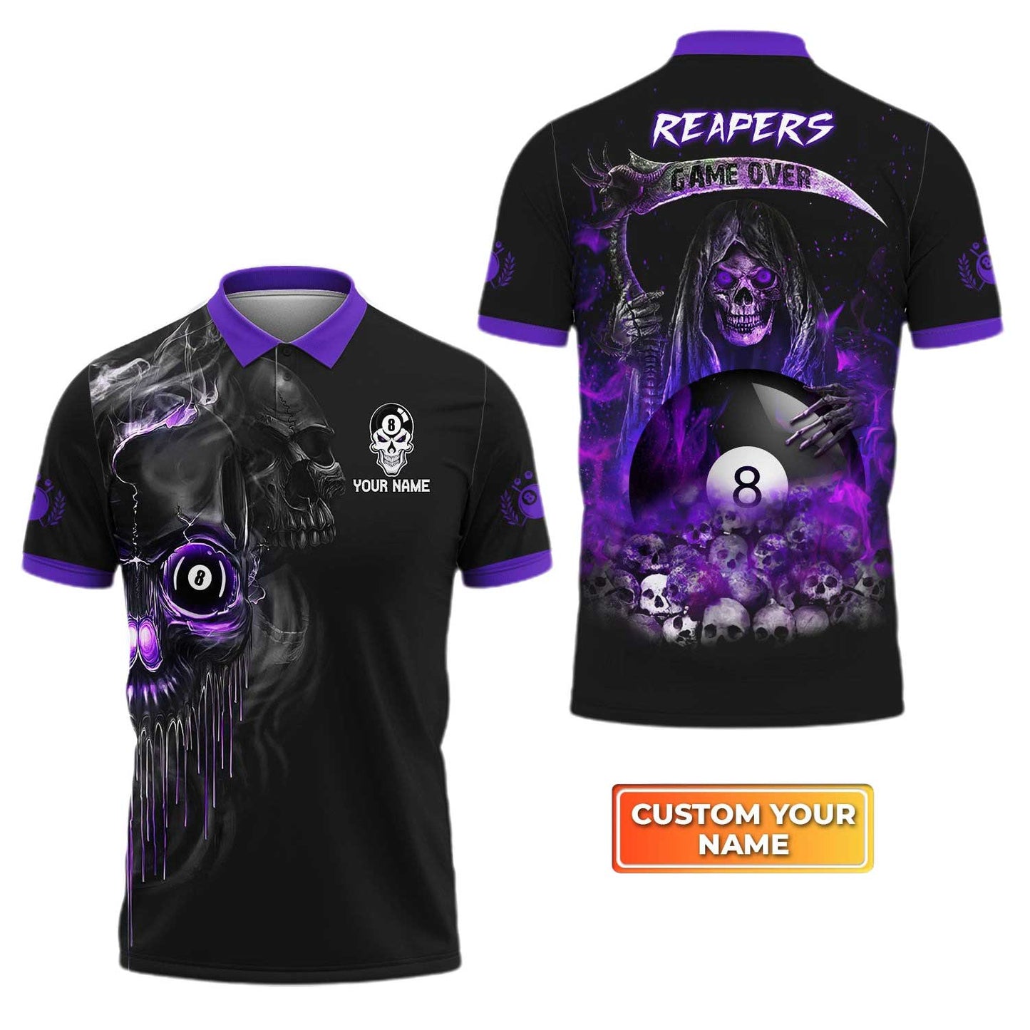 Customized Name Billiard Men Polo Shirt, Grim Reaper Billiard Pool 8 Ball Personalized Polo Shirt - Gift For Billiard Players, Billiard Lovers