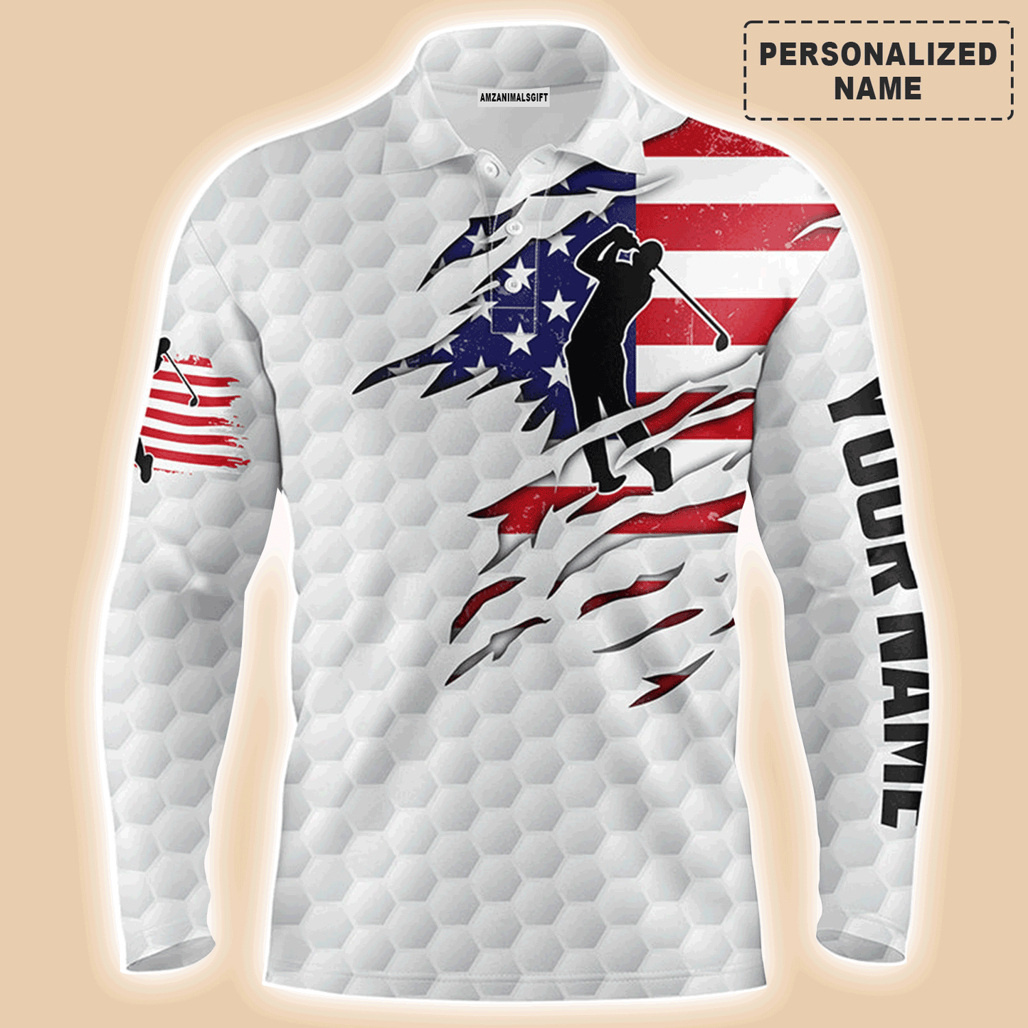 Golf Men Polo Shirt - Custom Name American Flag Patriot White Golf Balls Apparel - Personalized Sports Gift For Golf Lover, Male, Husband, Boyfriend