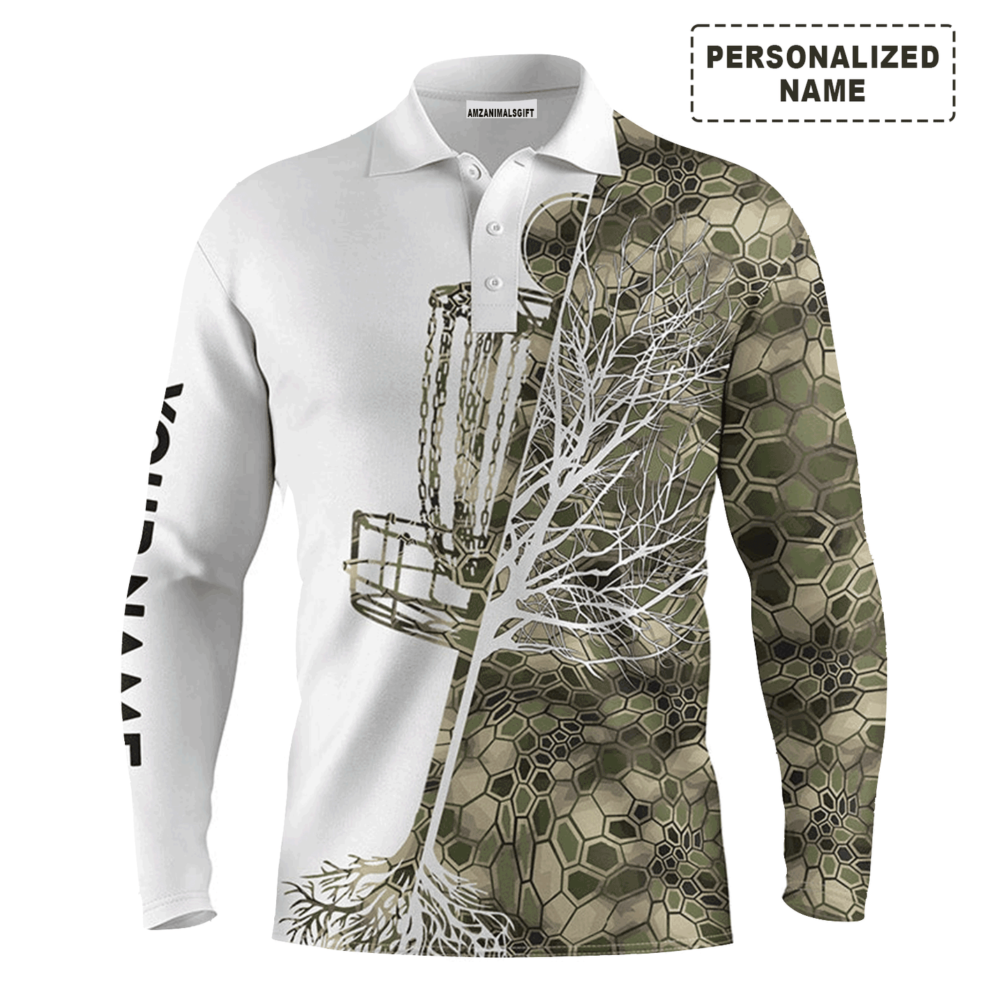 Custom Disc Golf Men Polo Shirt - Funny Custom Name Green Camo Disc Golf Basket Apparel - Personalized Gift For Disc Golf Lover, Men, Husband, Team