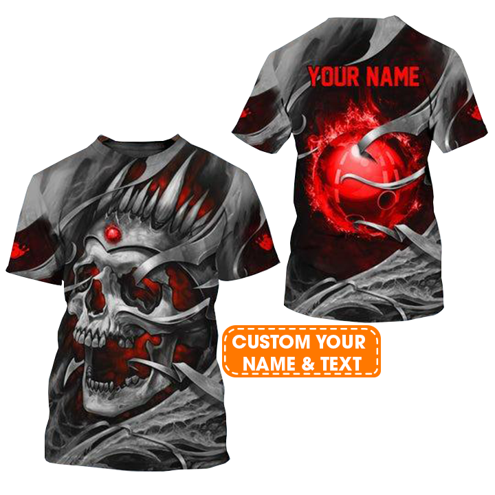Customized Name Bowling T Shirt, Skull Personalized Red Bowling Ball With Fire Flame Bowling T Shirt For Men - Gift For Bowling Lovers