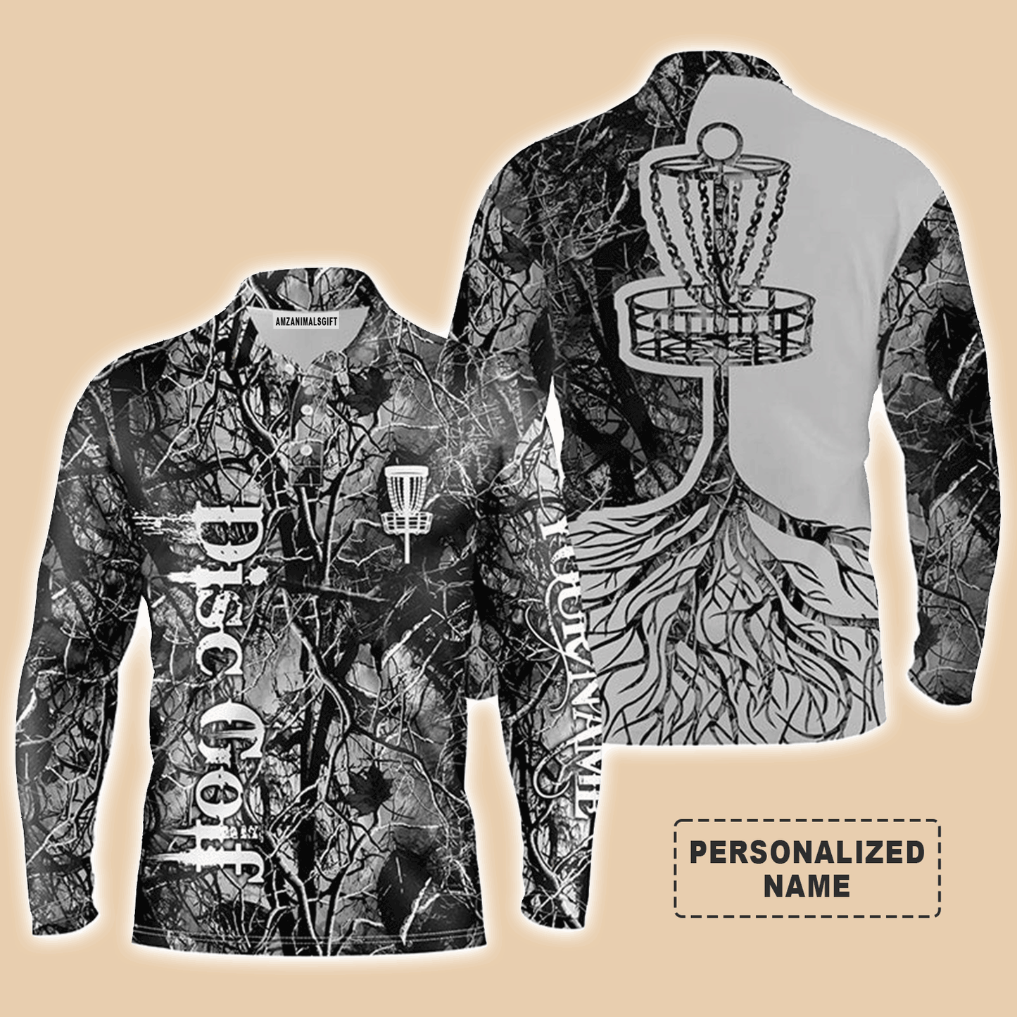 Custom Disc Golf Men Polo Shirt - Custom Name Gray Camo Disc Golf Basket Apparel - Personalized Gift For Golf Lover, Men, Husband, Team, Boyfriend