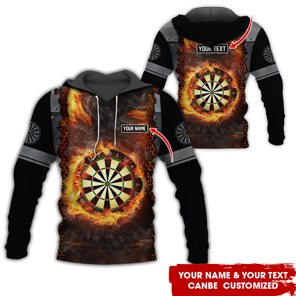 Customized Name & Text Darts Premium Hoodie, Fire Dartboards Pattern Black Hoodie, Perfect Gift For Darts Lovers, Darts Player